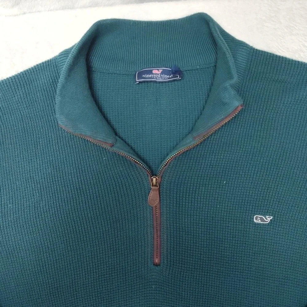 Vineyard Vines Sweater Mens 2XL Green Pullover 1/4 Zip Mock‎ Neck Waffle-Knit